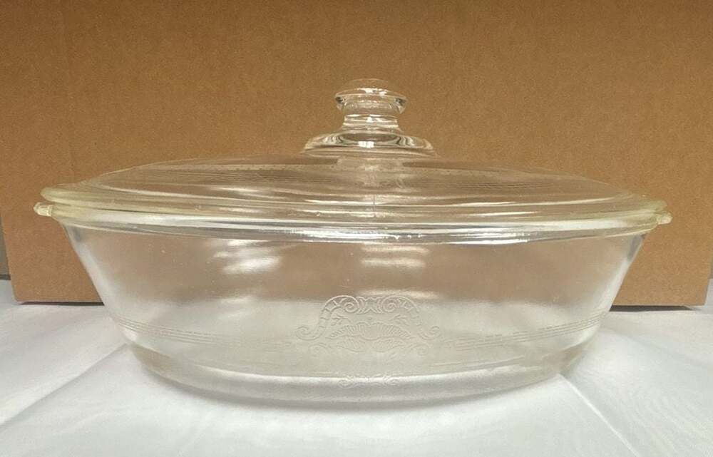 Vintage 1940s Glasbake Oval Casserole Dish W/ Lid, Etched Scroll Pattern